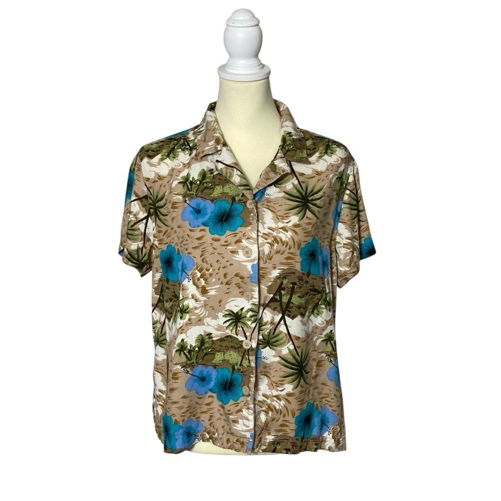 Vintage White Stag Floral Hawaiian Button Front Camp Shirt Women' Size Large